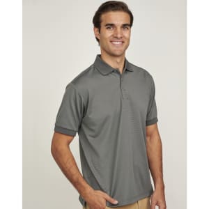 A grey men's sustainable poly/cotton polo shirt with a collar and short sleeves, featuring a logo.