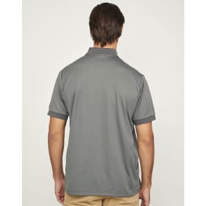 A grey polo shirt with a contrasting collar, featuring a logo on the back. Suitable for corporate settings.