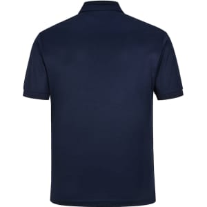 A navy blue men's sustainable poly/cotton corporate short-sleeve polo shirt with a logo.