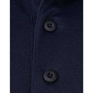 A navy blue polo shirt featuring black buttons and a clean, textured fabric. It has a logo on the garment.