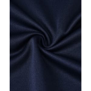 A close-up of dark navy fabric with a smooth texture, showcasing the material of a polo shirt.