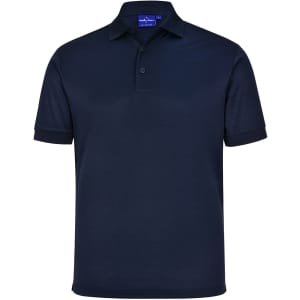 A navy blue short-sleeve polo shirt made from sustainable poly/cotton material with a collar and buttons.