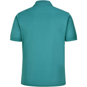 A teal men's sustainable poly/cotton short-sleeve polo shirt with a collar and a logo on the back.