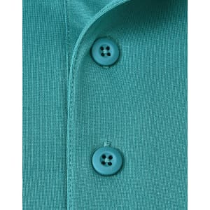 A close-up of a teal men's polo shirt, featuring buttons and a textured fabric.