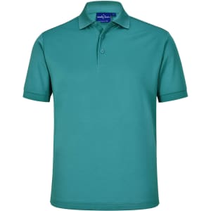A teal men's sustainable poly/cotton short-sleeve polo shirt with a collar and buttons, featuring a brand logo.