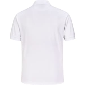 A white men's sustainable poly/cotton corporate short-sleeve polo shirt, featuring a collar and a back view.