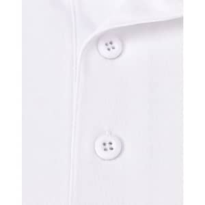 A close-up of a white sustainable polo shirt featuring two buttons and a collar. The shirt includes a logo.
