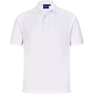 A white men's sustainable poly/cotton short-sleeve polo shirt featuring a collar and buttons, with a logo on the chest.