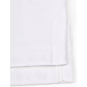 A white sustainable poly/cotton polo shirt with a folded sleeve, showcasing the fabric texture and stitching details.