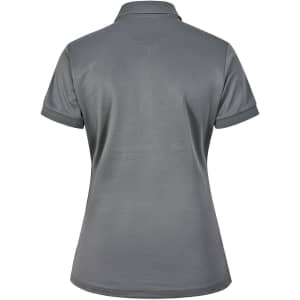 A grey ladies' sustainable poly/cotton short-sleeve polo shirt with a back view and a logo.