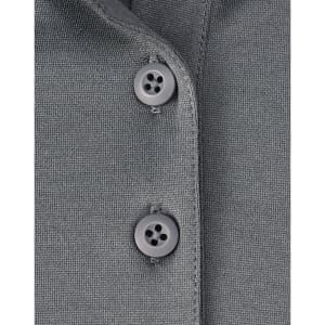 A grey polo shirt featuring two grey buttons on the collar, made from sustainable poly/cotton fabric.