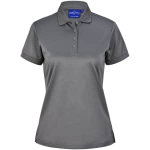 A grey ladies' short-sleeve polo shirt made from sustainable poly/cotton, featuring a collar and buttons, with a logo.
