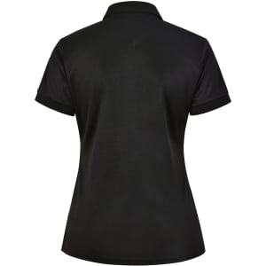 A black ladies' polo shirt with short sleeves, featuring a collar and a logo on the back.