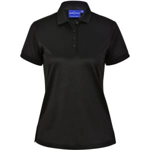 A black poly/cotton short-sleeve polo shirt with a collar and a button placket, featuring a logo.
