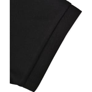 A close-up of a black sustainable poly/cotton polo shirt sleeve with a textured cuff and branding.