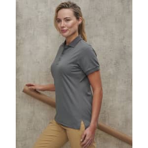 A grey women's poly/cotton polo shirt with short sleeves and a side split, displayed against a textured background.