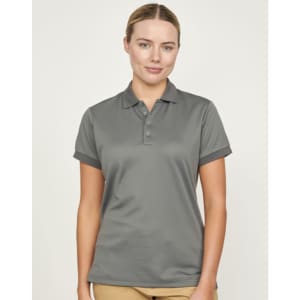 A ladies' short-sleeve polo shirt in grey with a logo, featuring a classic collar and rolled sleeves.