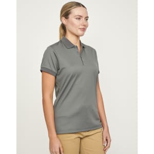A grey women's polo shirt made from sustainable poly/cotton fabric, featuring a collar and short sleeves.
