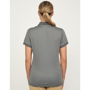 A grey women's polo shirt made from sustainable poly/cotton, featuring a collar and short sleeves.