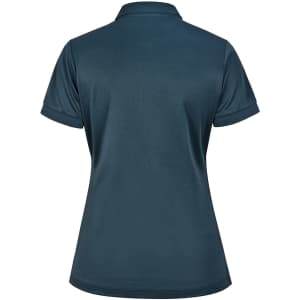 A dark teal ladies' sustainable poly/cotton short-sleeve polo shirt with a collar and a branding logo.