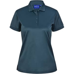 A dark teal polo shirt with a collar, short sleeves, and a three-button placket. It features a branding logo.