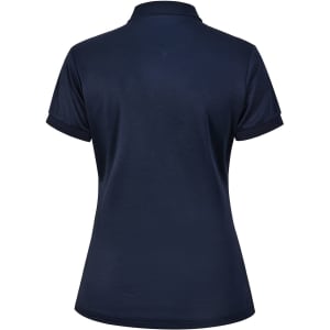 A navy ladies' polo shirt with a fitted design and short sleeves. The shirt features a collar and a logo.