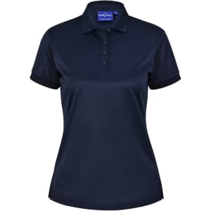 A ladies' short-sleeve polo shirt in navy, featuring a collar, buttons, and a logo. Made from sustainable poly/cotton.