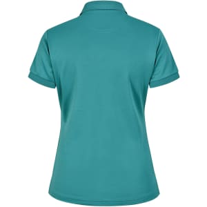 A teal ladies' short sleeve polo shirt, featuring a collar and a logo on the back.