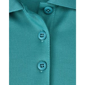 A close-up of a teal poly/cotton polo shirt featuring two buttons and a collar.