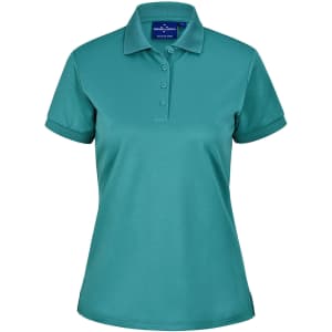 A teal ladies' polo shirt with a collar and short sleeves, featuring a logo on the neckline area.