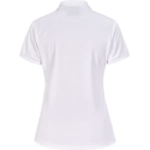 A white women's polo shirt made from sustainable poly/cotton, featuring a classic collar and short sleeves.