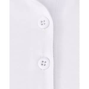 A close-up of a white polo shirt featuring two button closures and a smooth fabric texture.