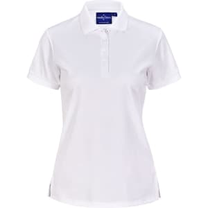 A white ladies' polo shirt made from sustainable poly/cotton, featuring a collar, buttons, and a logo.