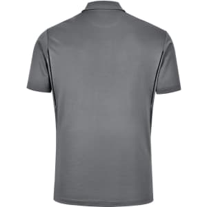 A grey men's sustainable poly/cotton polo shirt with a classic collar and short sleeves, featuring a logo.