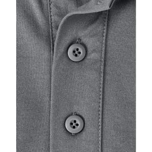 Close-up of a grey sustainable poly/cotton polo shirt featuring two buttons and a textured fabric.