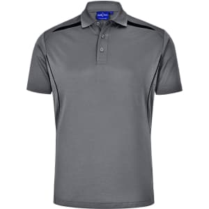 Men's sustainable poly/cotton polo shirt in grey with contrast black detailing and a logo on the chest.