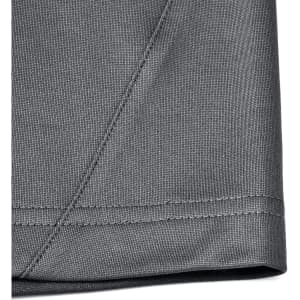 A close-up of a grey men's sustainable poly/cotton polo shirt, showcasing the fabric texture and stitching detail.