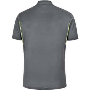 A grey men's polo shirt with contrast detailing, featuring a collar and short sleeves. It has a logo on the side.