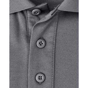 A men's sustainable poly/cotton polo shirt in grey with a three-button placket and a logo.