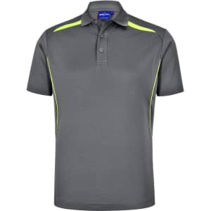 A grey polo shirt with yellow contrast detailing and a button-up collar. It features a logo on the chest.