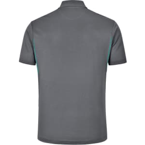A grey men's sustainable poly/cotton polo shirt featuring contrasting details and a logo.