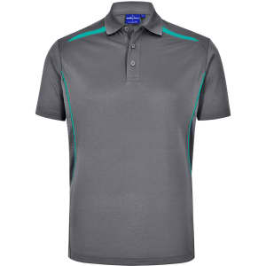 A grey men's sustainable polo shirt with teal contrast accents and a logo on the chest. Short sleeves and a classic collar.