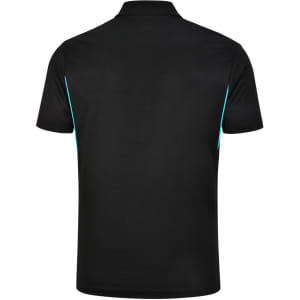 A black men's polo shirt featuring contrast turquoise detailing on the sides. Includes a logo on the chest.