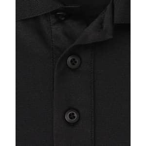 A close-up of a black polo shirt featuring a collar and three buttons, with subtle texture details.