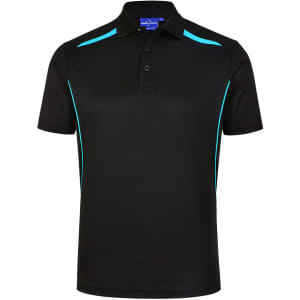 A black polo shirt featuring turquoise contrast stripes and a logo on the collar.
