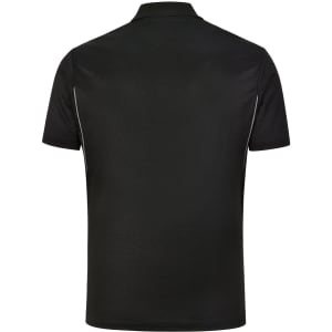 A black men's polo shirt featuring a sustainable poly/cotton blend with contrasting trim and a logo.