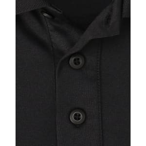 A black sustainable poly/cotton short sleeve polo shirt featuring a classic collar and button detail.