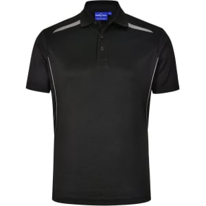 A black men's short sleeve polo shirt with contrast detailing and a logo on the collar.