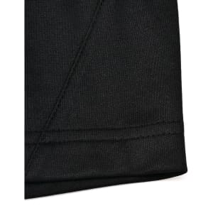 A close-up of a black polo shirt featuring a contrast collar and short sleeves, with visible stitching details.
