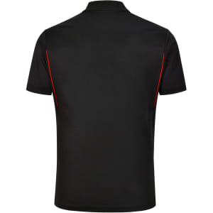 A black men's polo shirt featuring contrast red piping on the sides and a small logo on the chest.